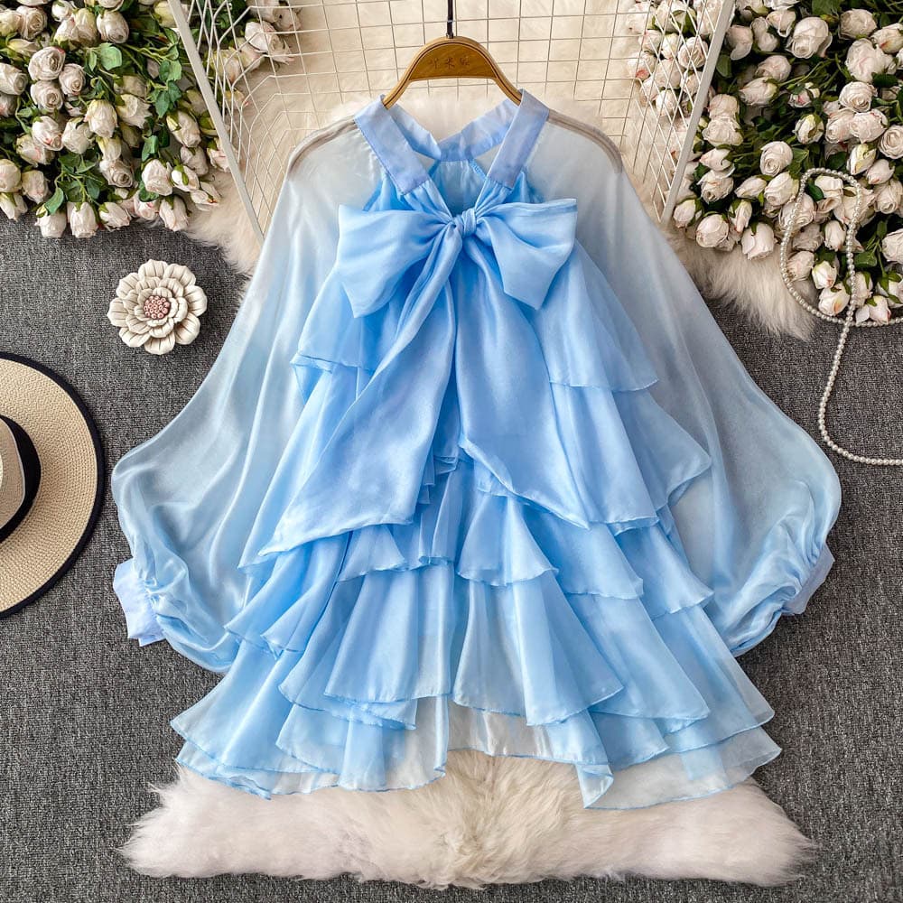 French-style Gentle Blue Elegant Bow-detail Puff-sleeve Blouse