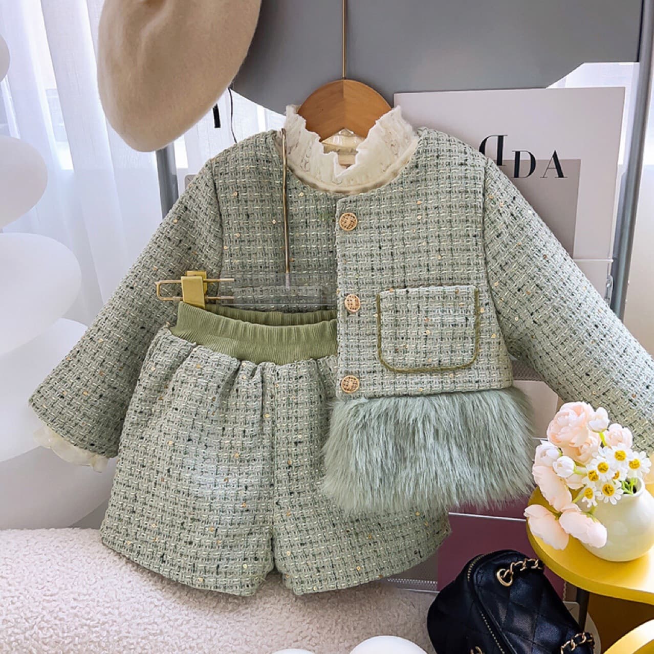 Korean-style Girls Fuzzy Patchwork Coat And Shorts Two-Piece Set
