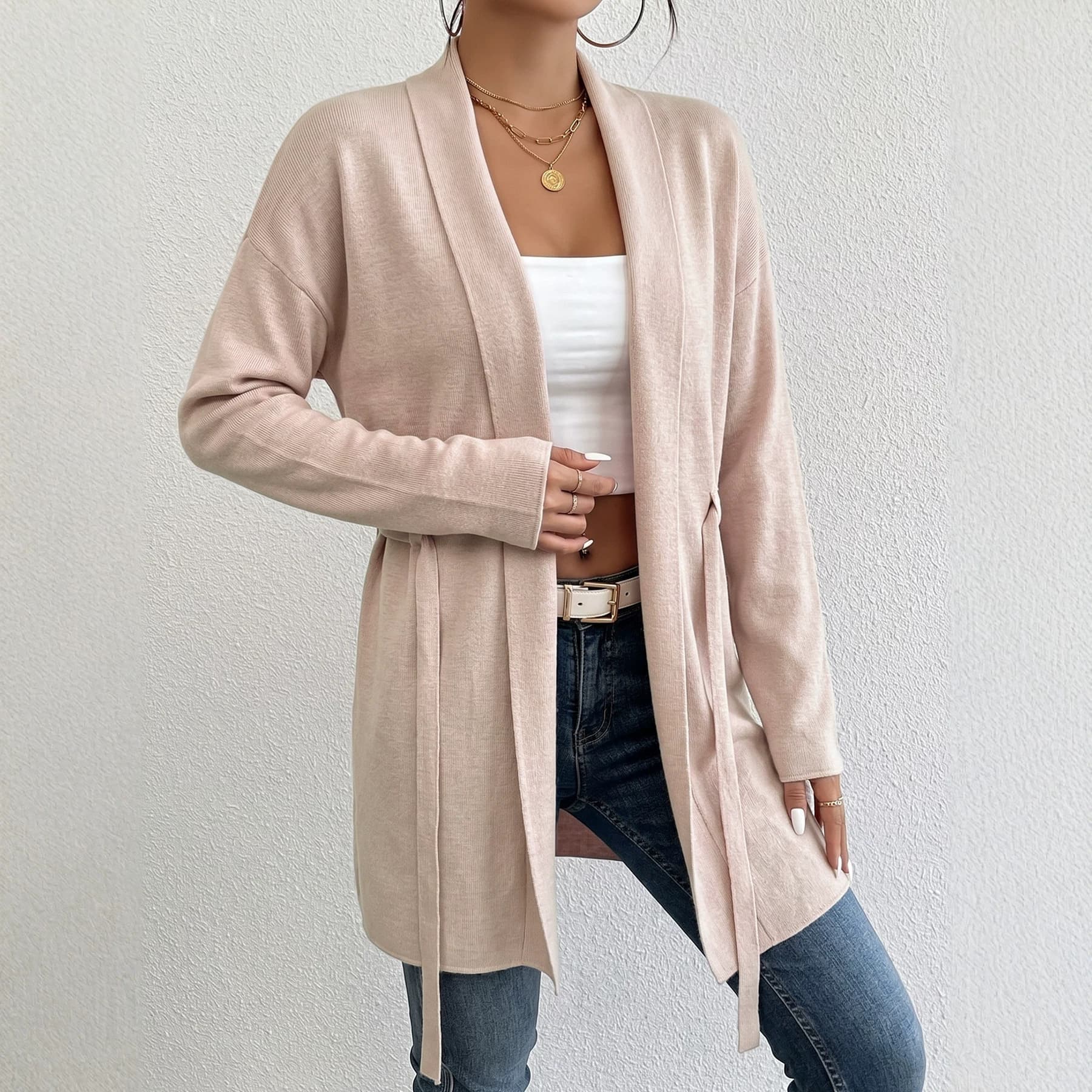 Long-sleeve Knitted Cardigan With A Tie Belt Versatile And Casual Featuring A Relaxed Oversized Fit