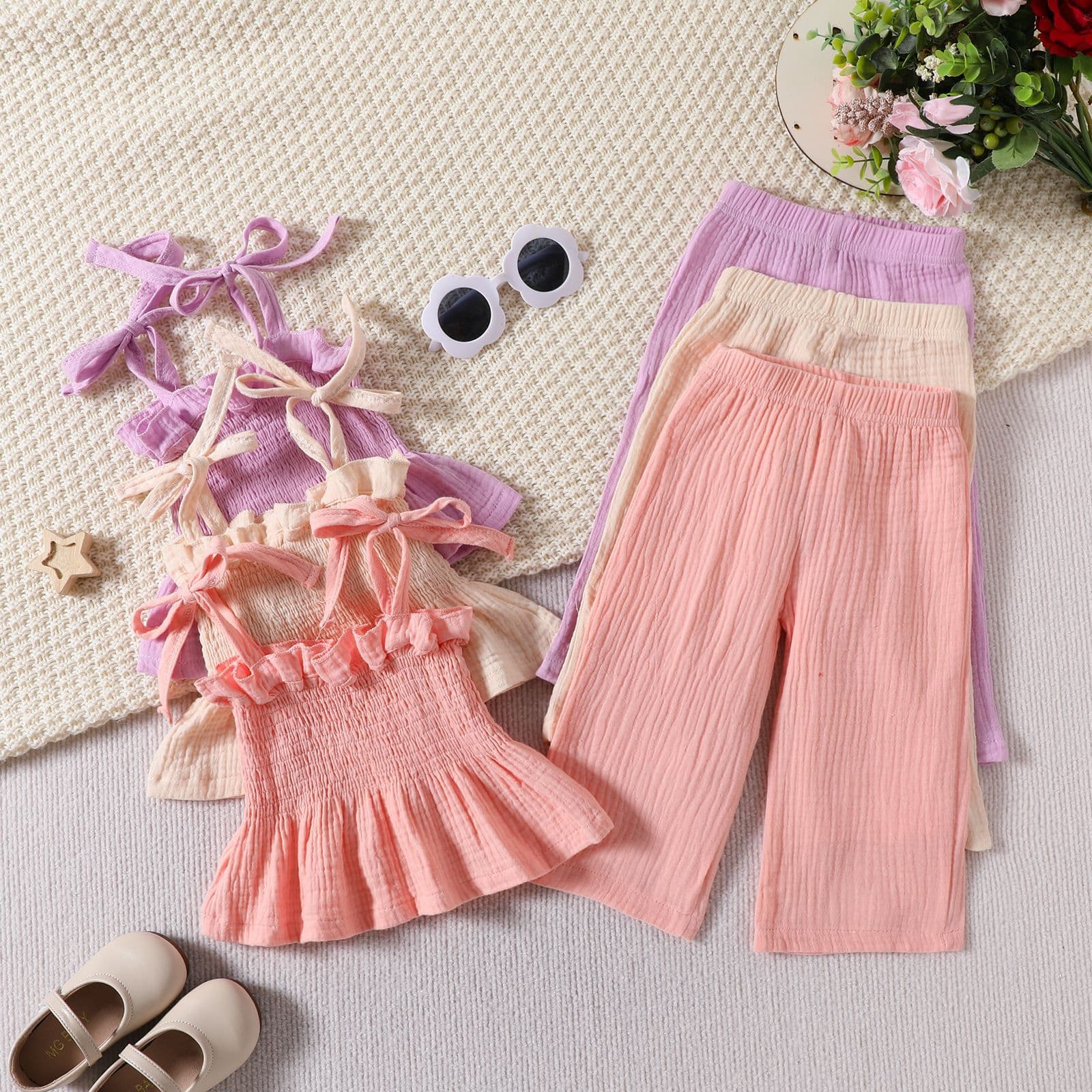 Girls Lace-Trimmed Strap Straight-Leg Pants Two-Piece Set