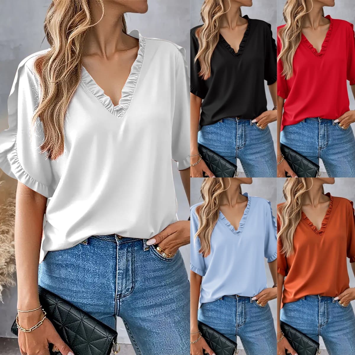 Womens Summer Simple Solid-Color Short-Sleeve Top