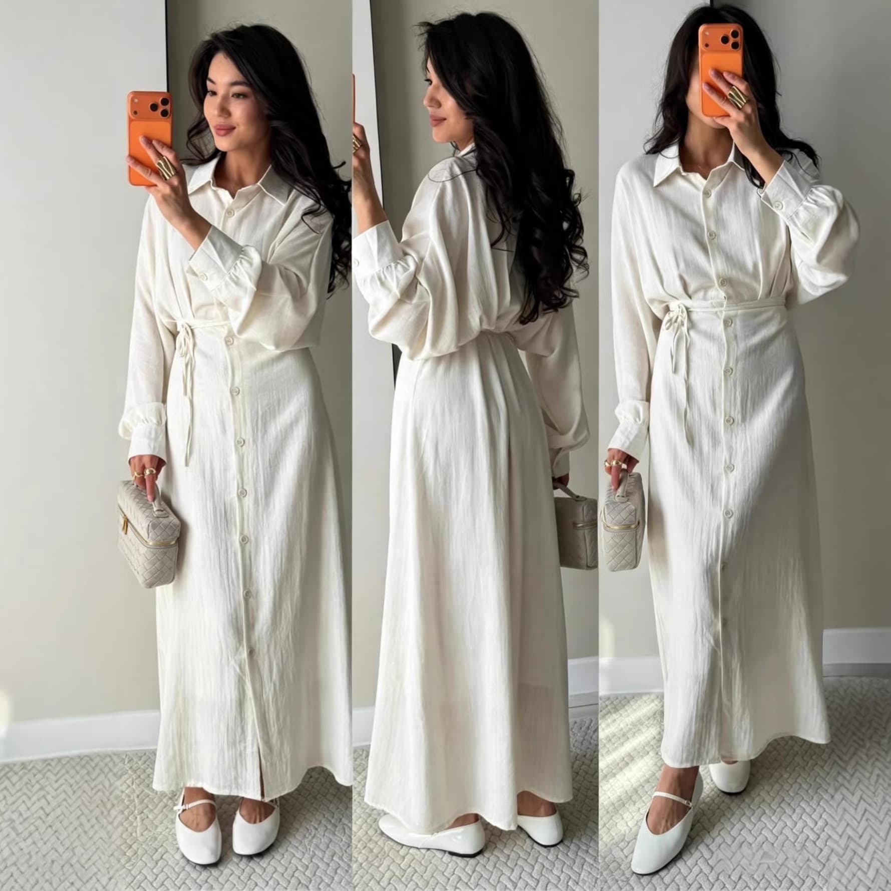 Womens Elegant Solid-color Shirt Single-breasted Lace-up Dress