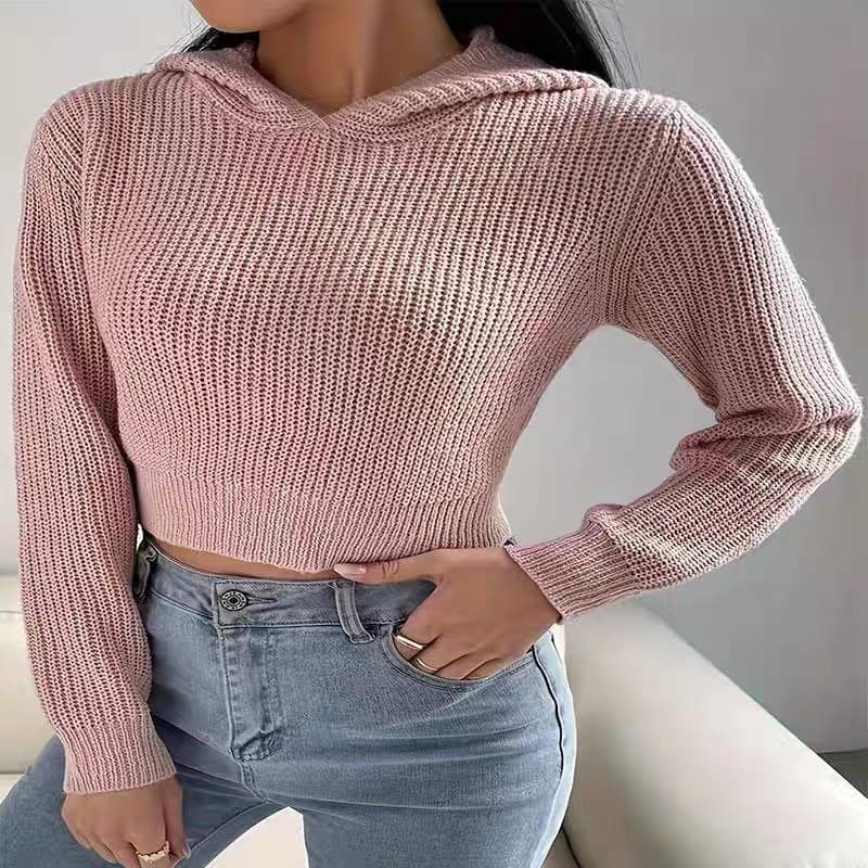 Womens Knitted Slim-fit Backless Hooded Long-sleeve Sweater