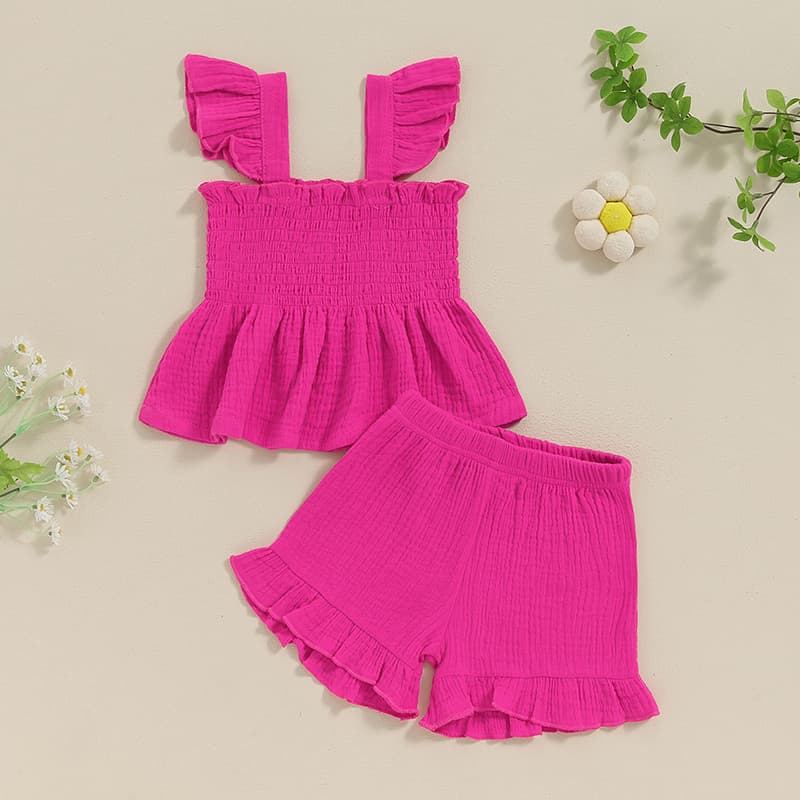 Solid-color Elastic Stretchy Top And Shorts Set For Little Girls