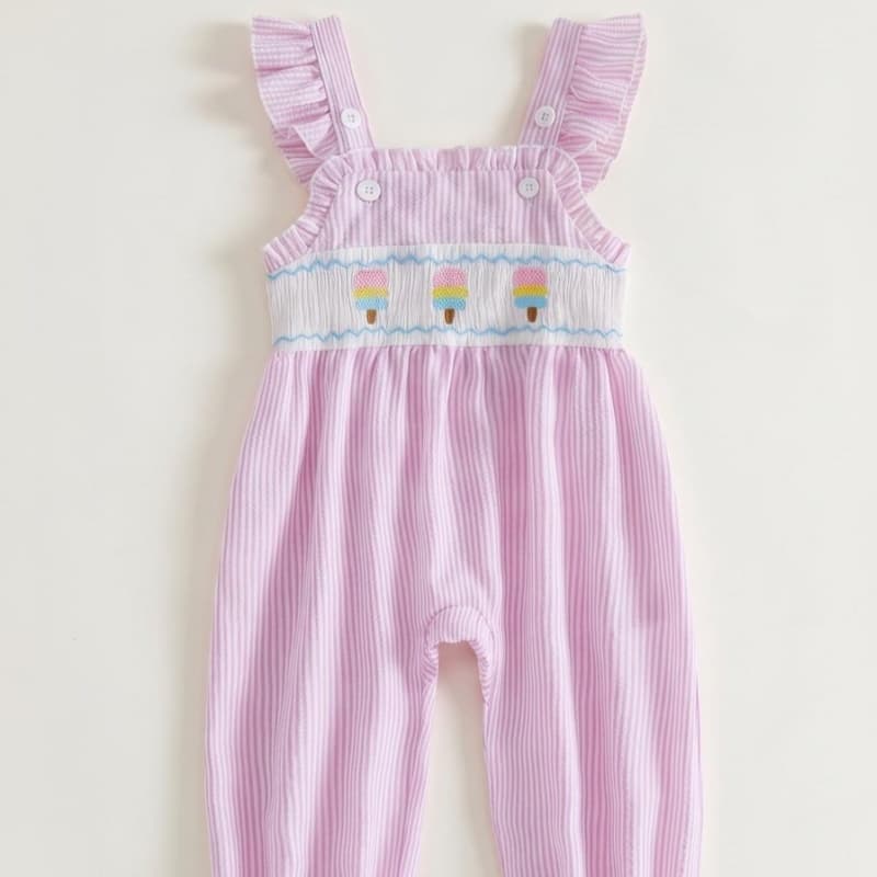 Ice Cream Embroidery Ruffled Overalls For Girls