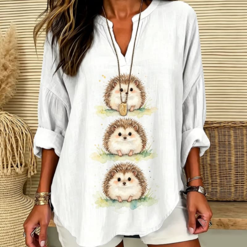 Vintage Hedgehog Print Casual V-neck Blouse