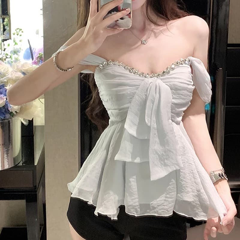 Elegant Diamond-embellished Top Womens Short-sleeved Blouse