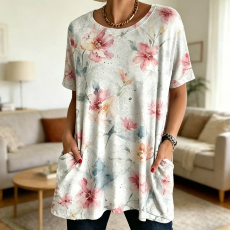 Watercolor Floral Print Short Sleeve Tunic Top With Pockets