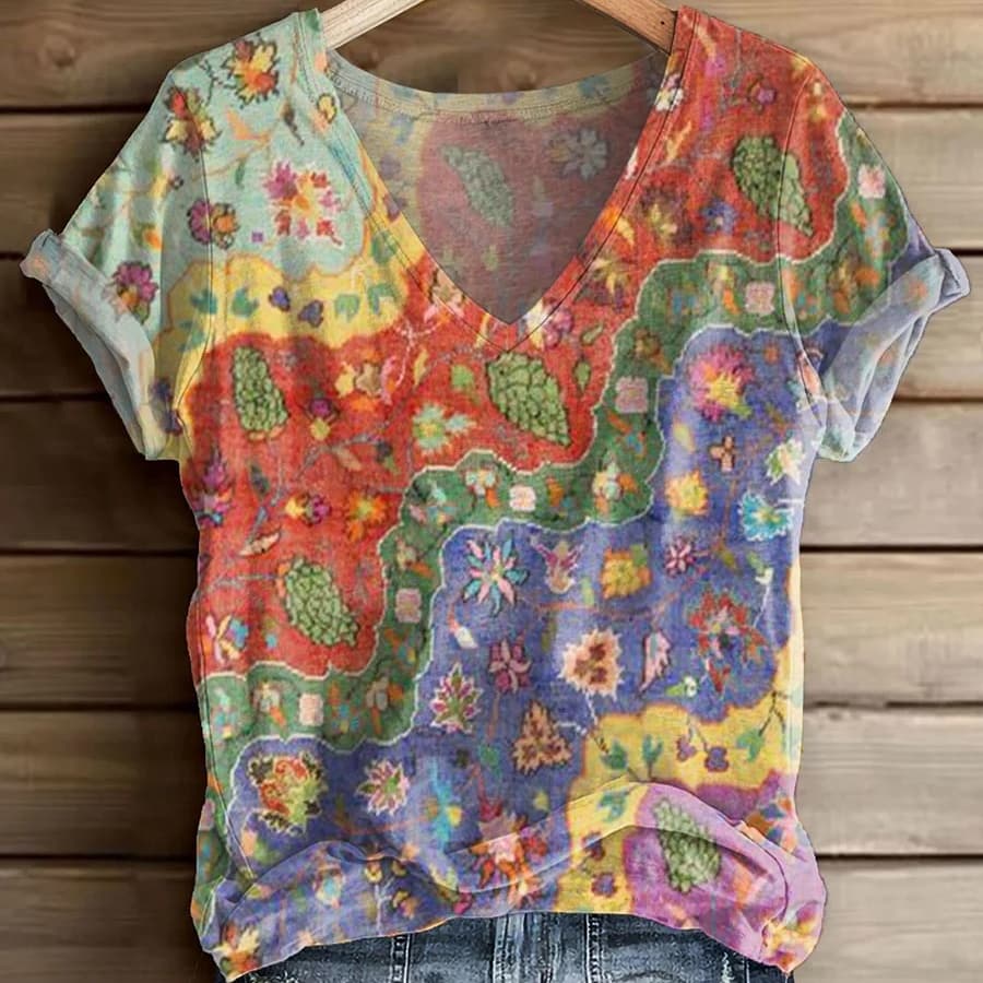 Pullover V-Neck Digital Print T-Shirt Top