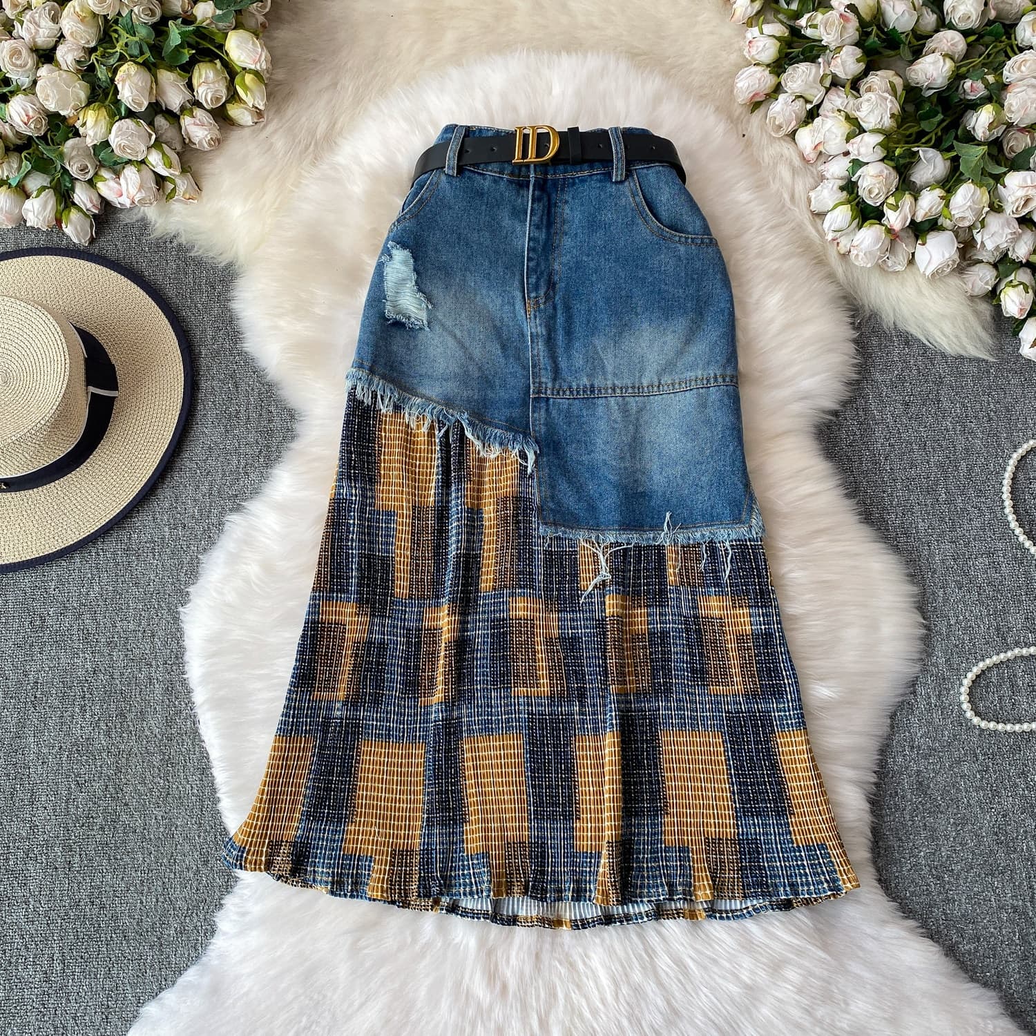 American-style Cool And Edgy Ripped Fringed Denim Skirt
