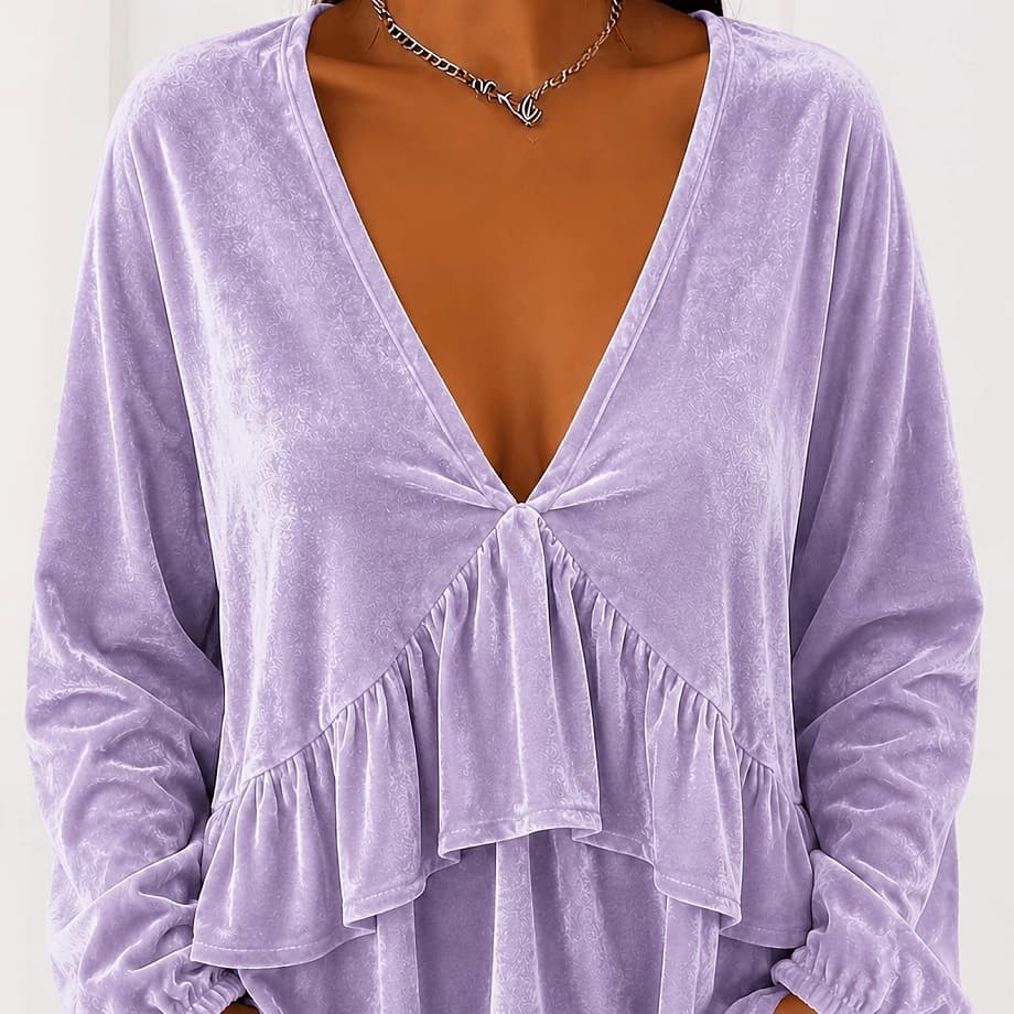 Loose-fitting Casual V-neck Lace Trim Solid-color Top