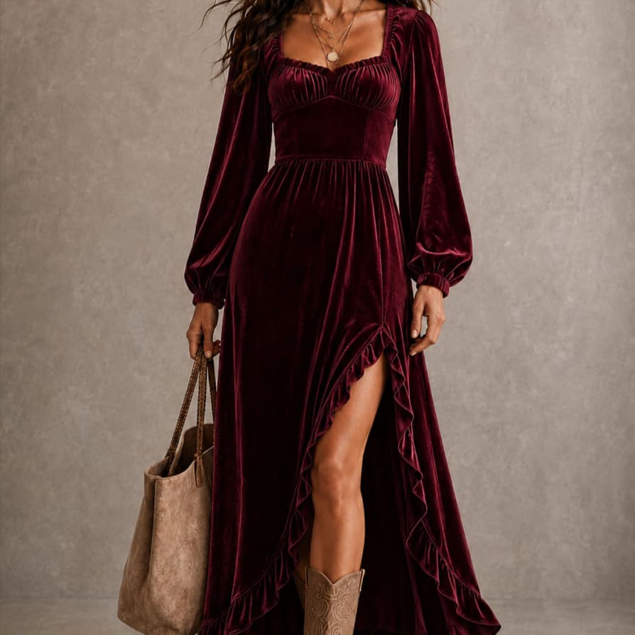 Womens Long-sleeved Fashionable High-slit Dress