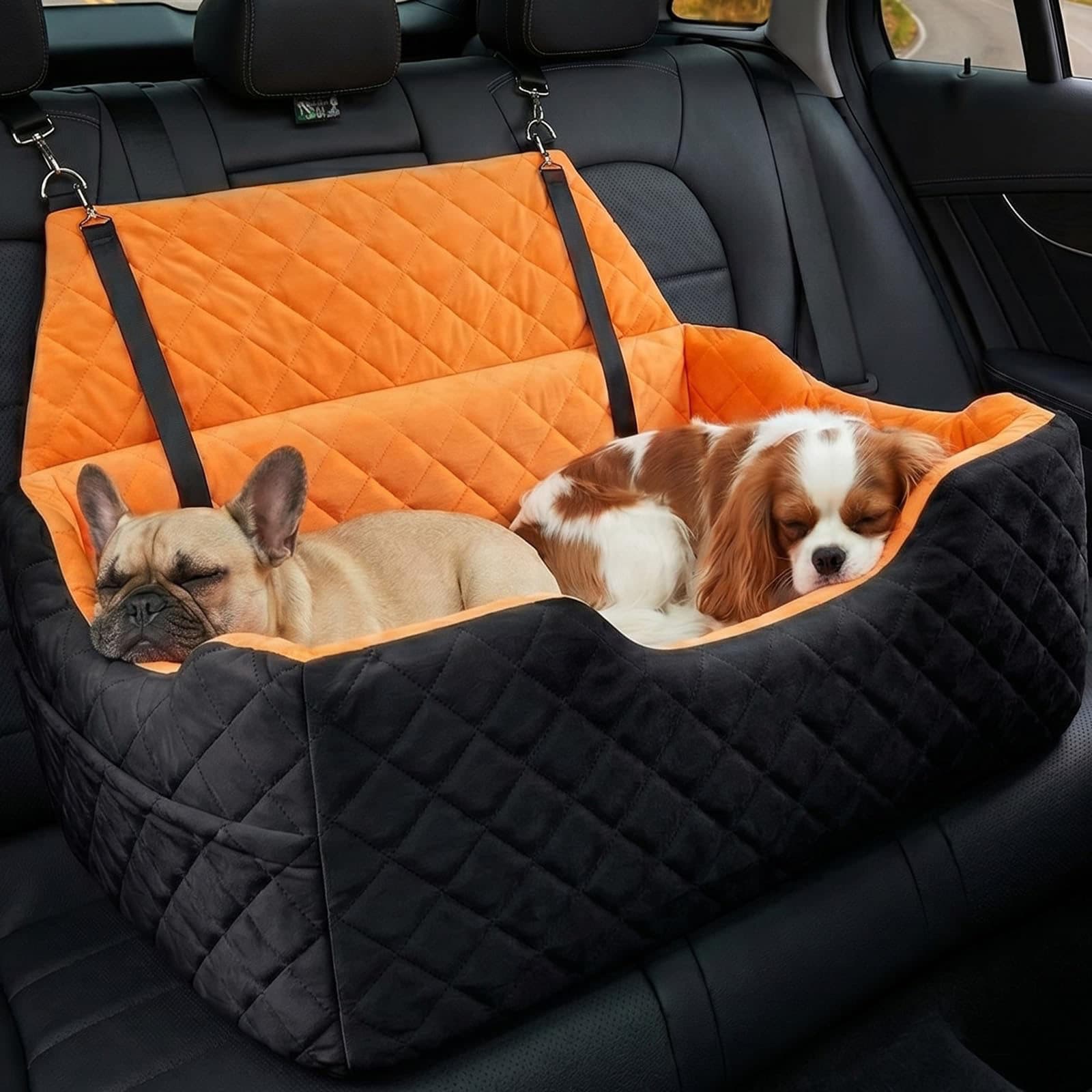 Dog Car Seat For Large Medium Dogs , Memory Foam Dog Booster Seat With Storage Pocket, 2 Safety Leashes,Washable Cover, Portable Anxiety Pet Travel Bed, Black