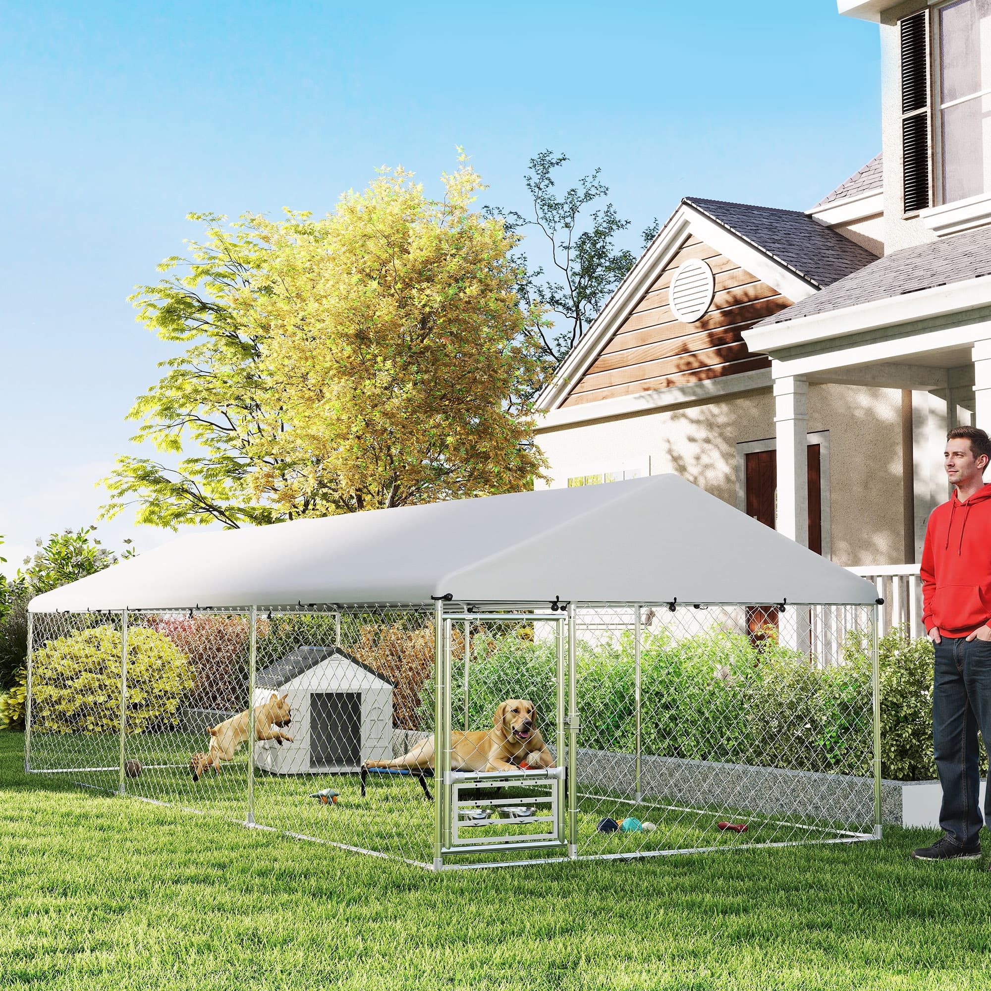 Outdoor Dog Kennel with Adjustable & Rotatable Bowl Rack, Waterproof Cover, Secure Lock, 19.7 x 7.5 x 5.2