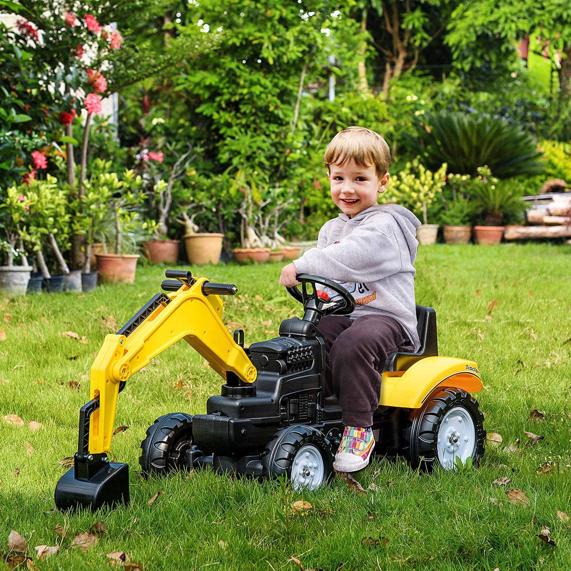 Kids Ride On Excavator, Pedal Digger, Construction Truck with Horn for Kids and Toddlers 3+, Yellow