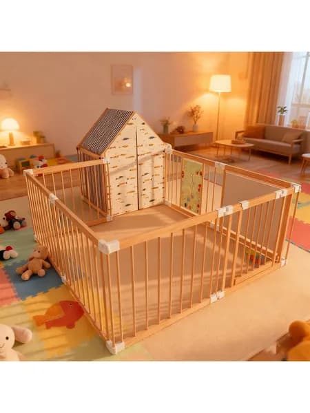 Natural Wood Baby Playpen 10 Panel Foldable Play Yard With Door Panel And Built-in Toys Easy To Assemble Foldable Assembled Into Various Shapes Includes Two Play Panels And Playhouse