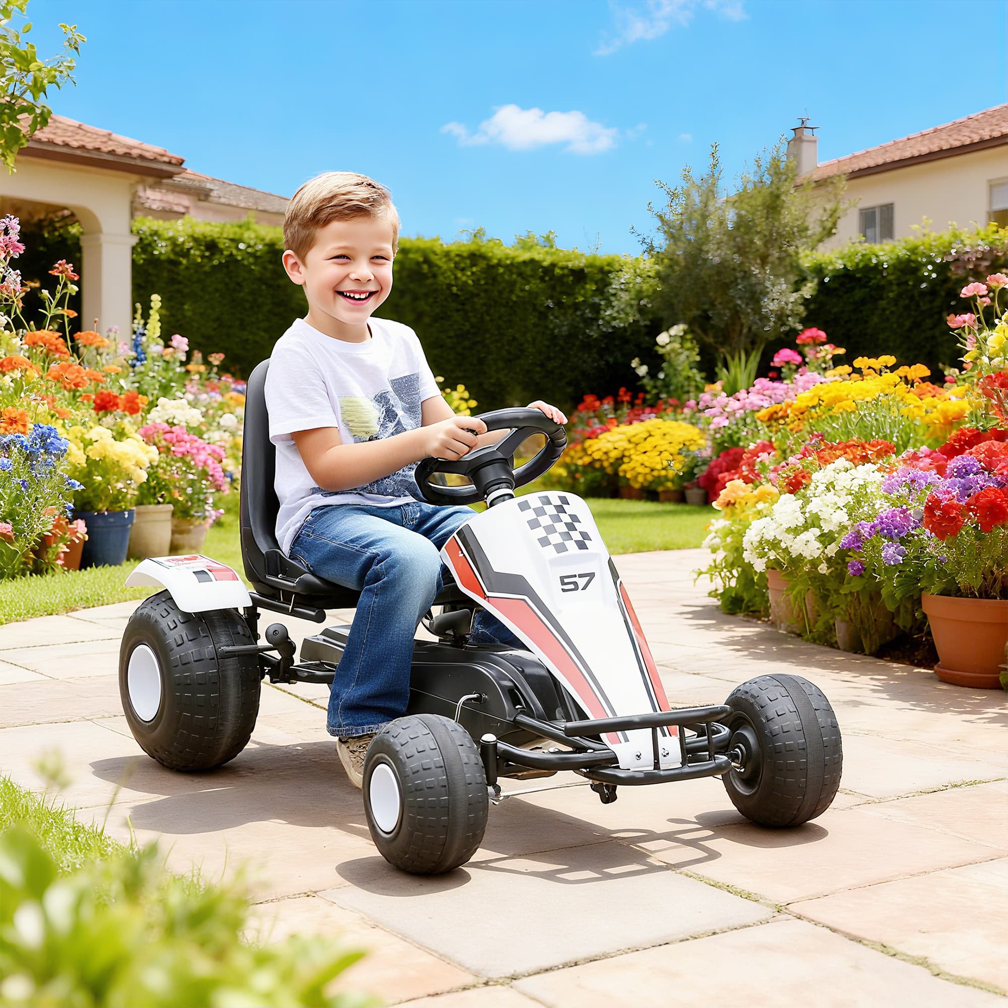 Pedal Go Kart Children Ride on Car Racing Style with Adjustable Seat, Plastic Wheels, Handbrake and Shift Lever, White