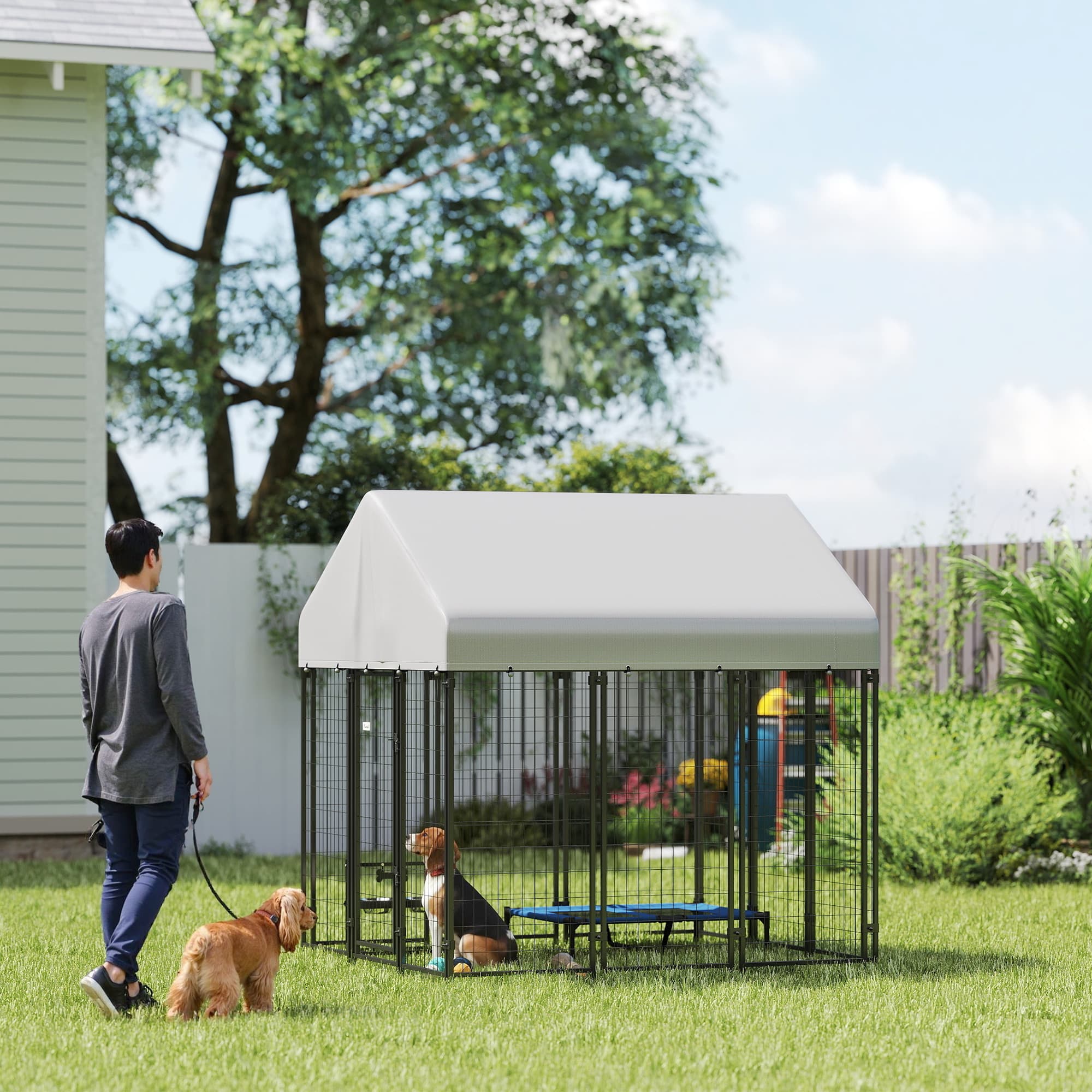 Outdoor Dog Kennel with Roof, 6 x 6 x 6 Heavy Duty Welded Wire Dog Playpen Enclosure with Escape-proof Lock