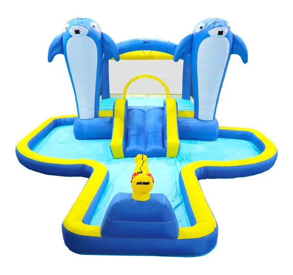 8 In1 Inflatable Slide Water Park Trampoline Bouncing House Outdoor Garden With Dolphin Sprinkler & Target Games & Water Gun & Basketball