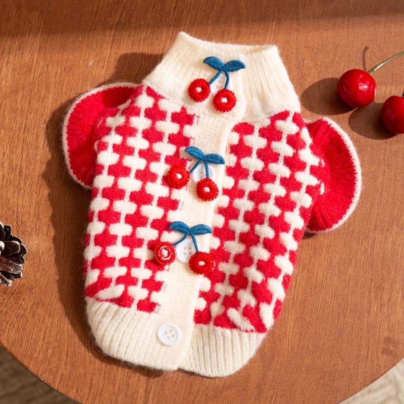 Cute Cherry Small Dog Sweater Soft Girl Dog Cardigan Clothes Turtleneck Warm Pet Puppy Knitted Pullover Princess Dogs Cats Outfits