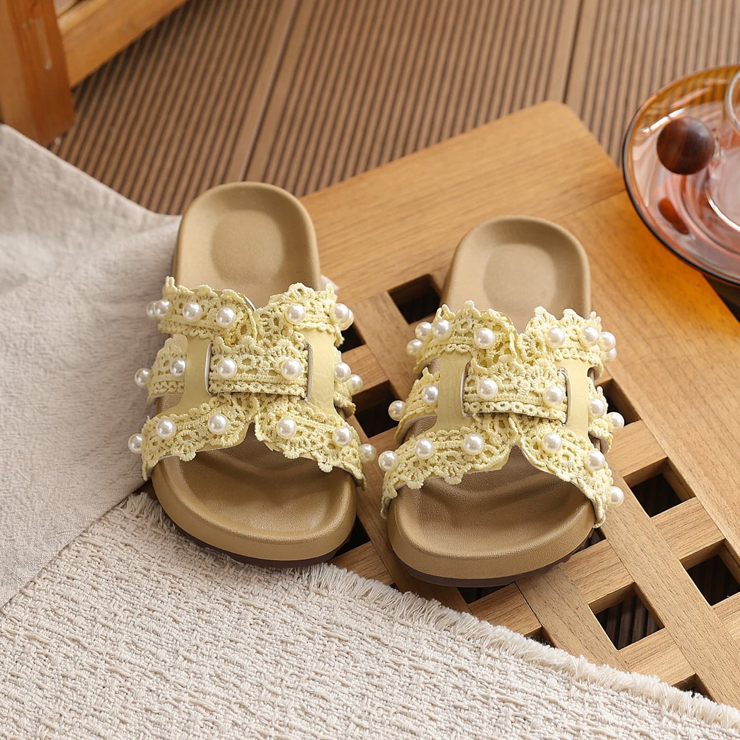 2026 Summer New Korean Style Girls Slippers, Style Lace Trim Sandal Slippers, Fashion Beach Slide Shoes For Matching Dresses