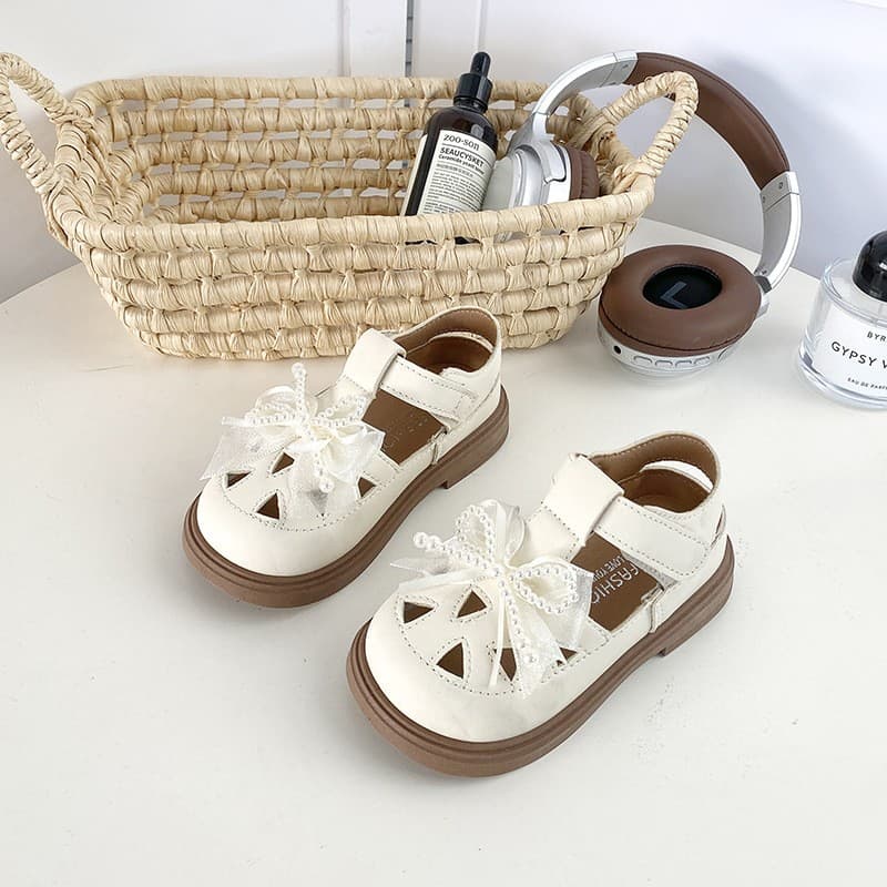 Retro Hollow Out Closed-Toe Sandals For Girls, Summer Bow Hook & Loop Princess Shoes, Soft Sole Footwear For Toddler & Little Girls