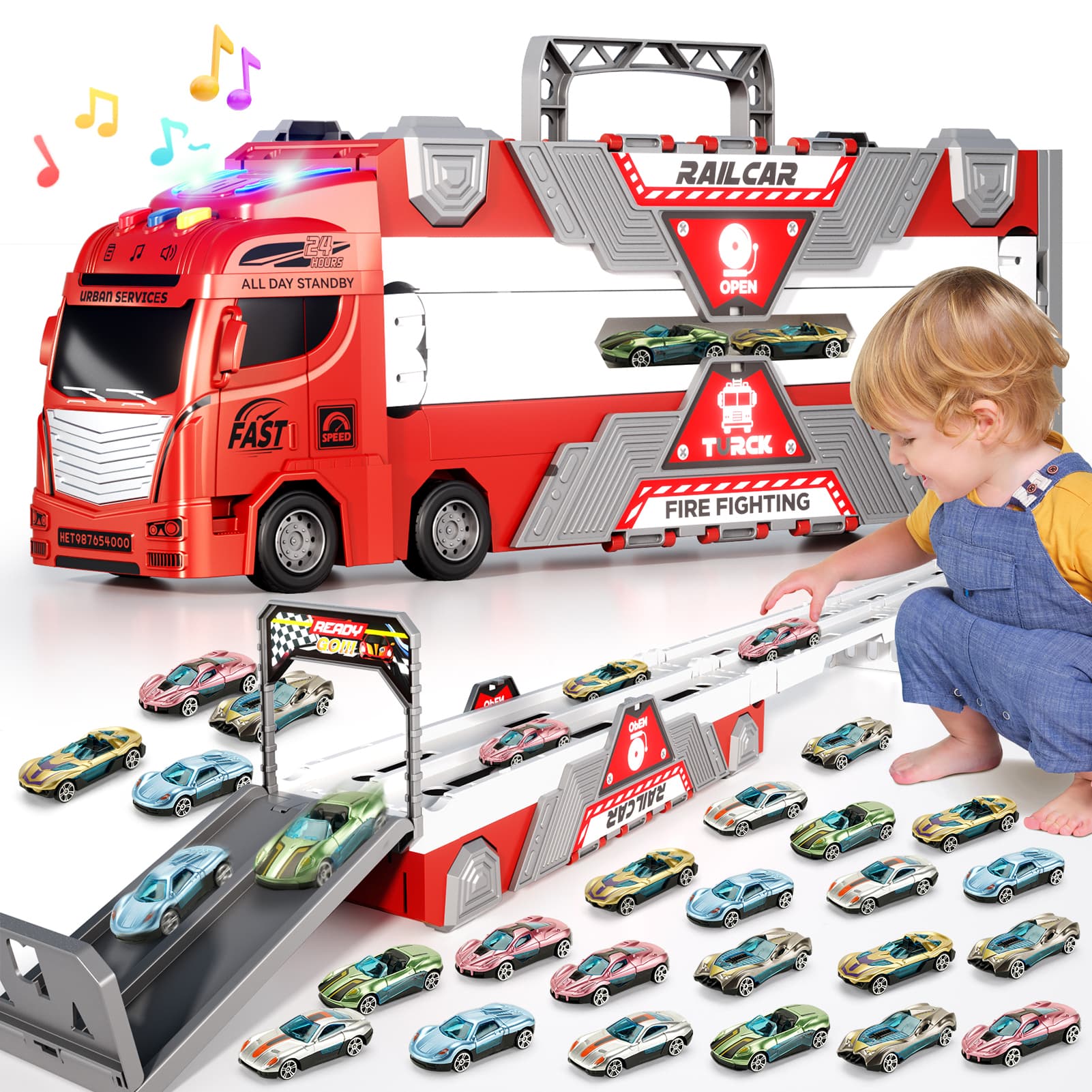 2026 Fire Truck Toys Car With Lights Sounds Music , Transport Truck Toys,Kids Birthday Toys