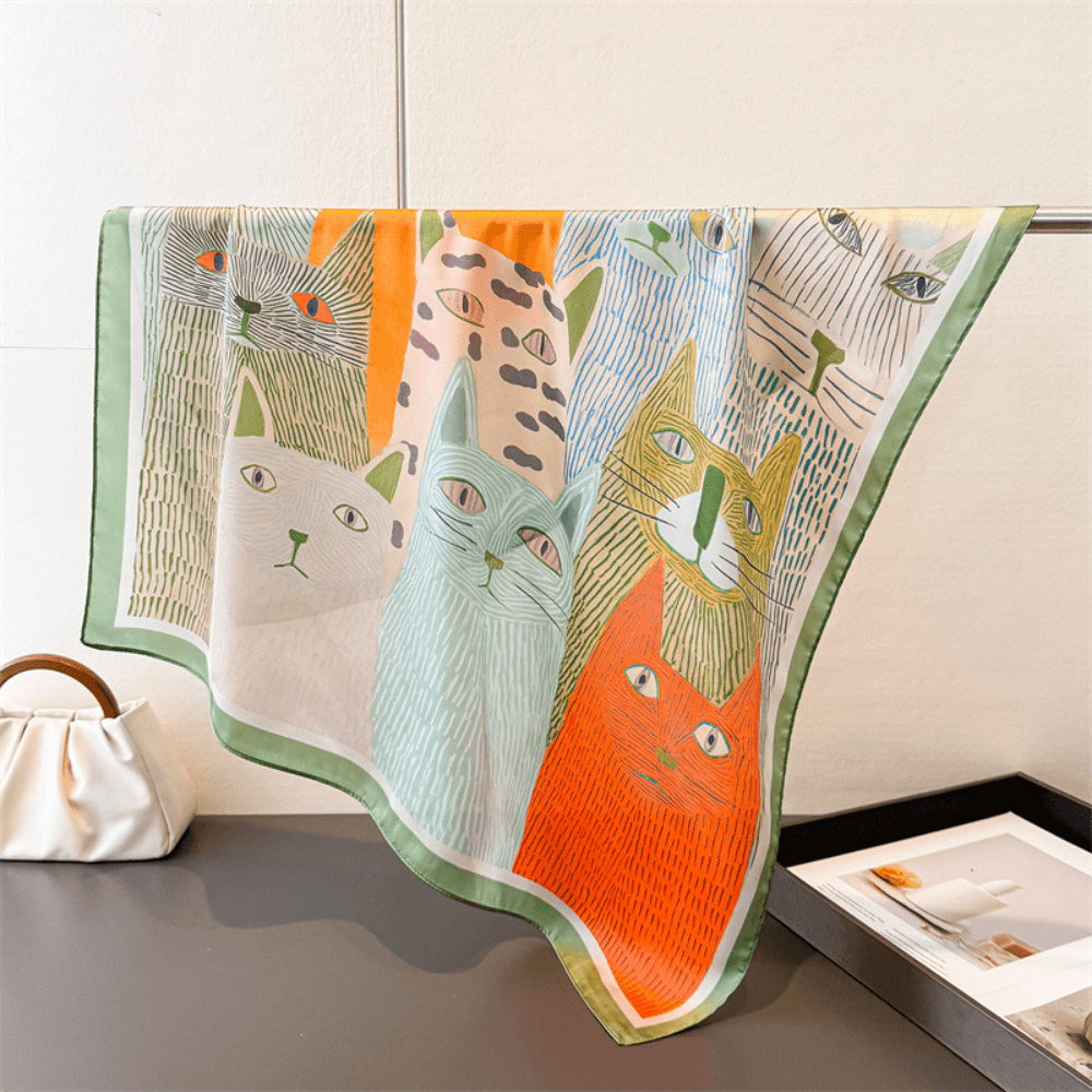Cartoon-printed Cat Small Square Scarf With Silk Satin Surface. Cute Animal Print Decorative Headscarf. Fashionable And Versatile