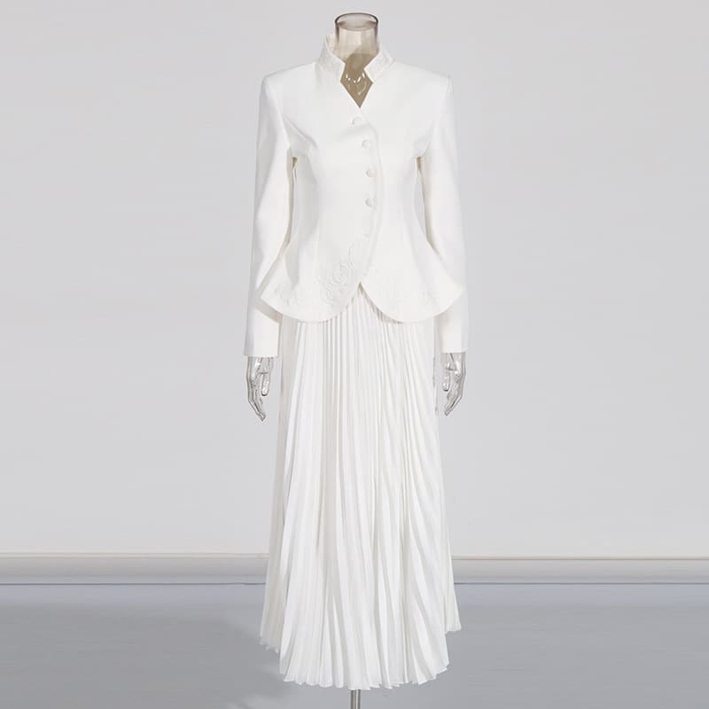 Embroidery Stand Collar Fitted Waist Blazer & Full Pleated Midi Skirt Two-Piece Elegant Suit Set