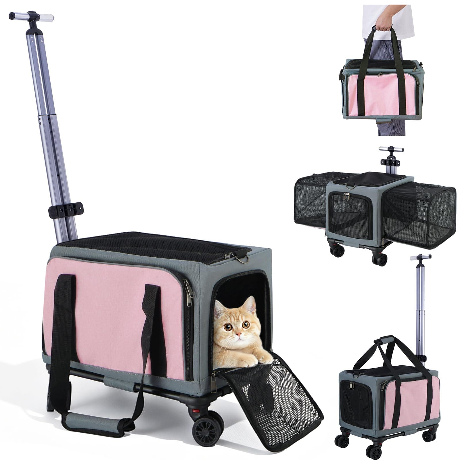 3-Sided Expandable Rolling Pet Carrier With Wheels, Small Cat Dog Travel Carrier, Foldable Portable Bag Grey For Travel Camping Vet Outdoor Indoor Use
