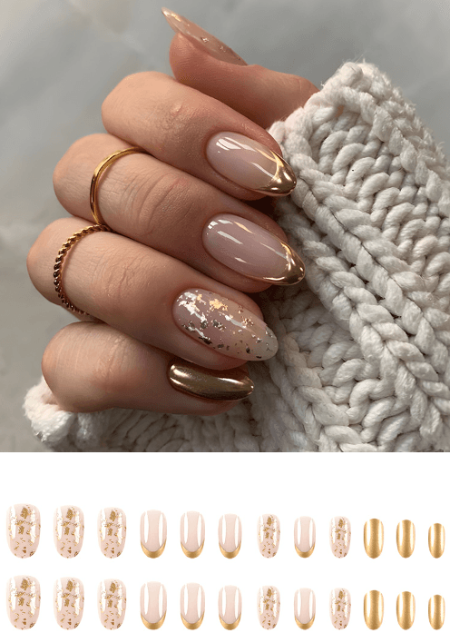24 Pieces Of Short Almond-shaped Press-on Acrylic Nail Stickers In Gold Color With Gold Foil, Including 1 Piece Of Jelly Glue And 1 Nail File. For Wearing Nails.