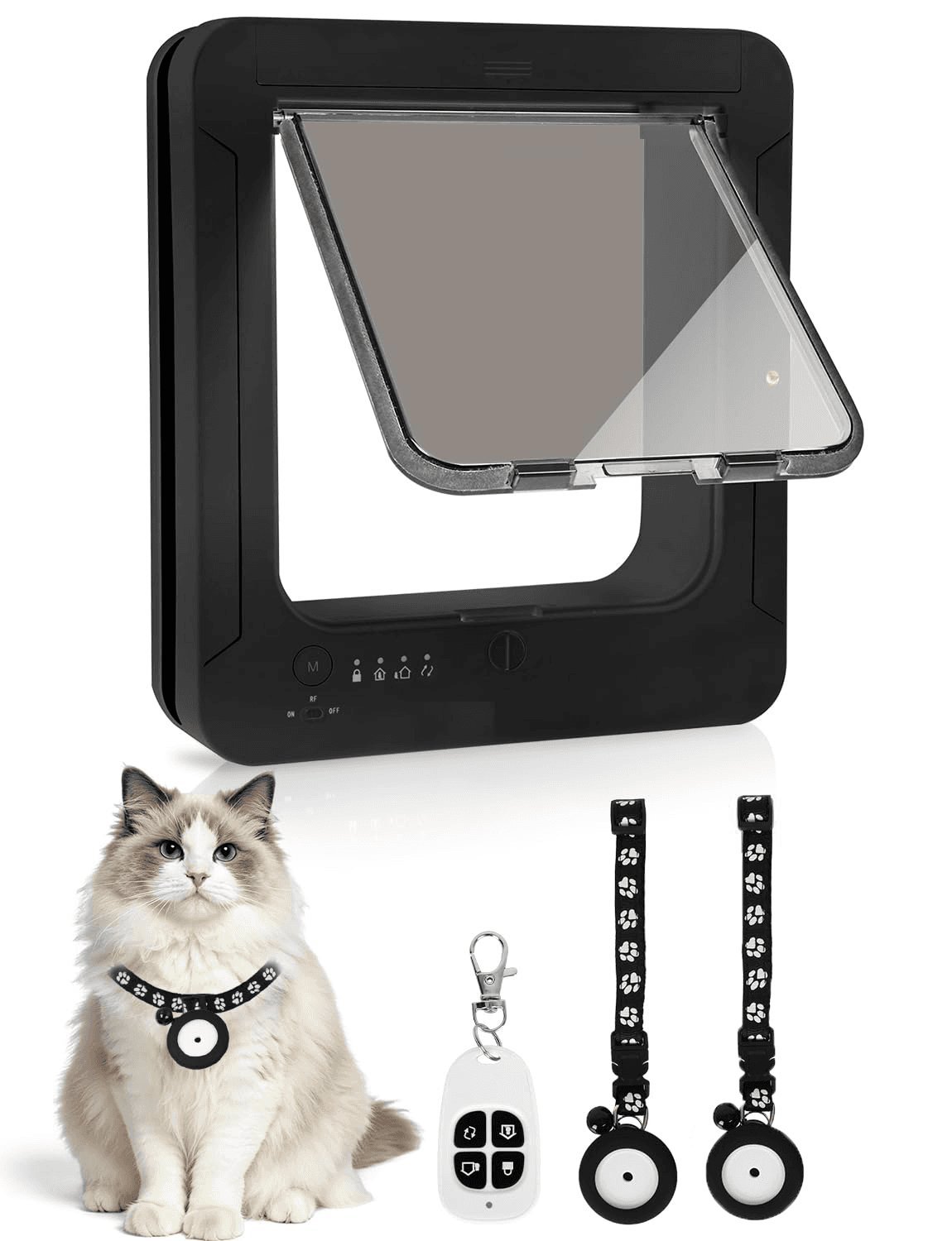 Smart Cat Door With 2 Collar Sensor Key, Cat Door Collar Activated With Remote Control, 4 Way Locking Cat Flap Automatic Pet Door Interior & Exterior, Flap Opening