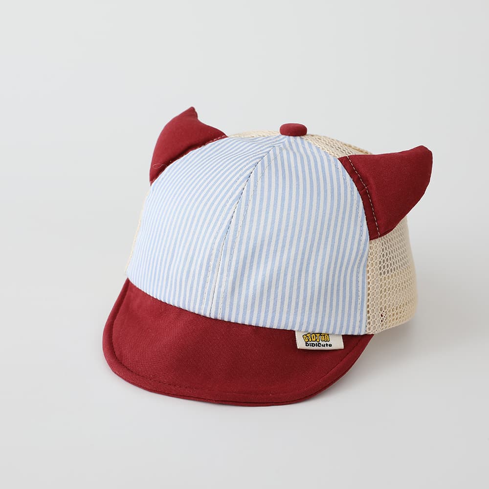 Children's Vertical Stripe Demon Horn Mesh Baseball Cap For Outdoor Picnics, Family Outings, Soft Brim, Sun Protection, Baby Hat