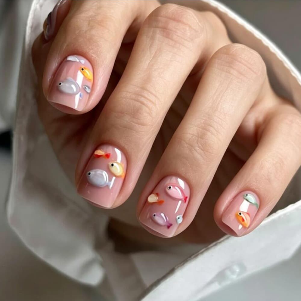 24 Pieces Of Short Square Acrylic Nail Stickers For 3D Ocean Fish, Press-on Nail Gradient Artificial Nails, Including 1 Piece Of Jelly Glue And 1 Nail File. Wearable Nail Accessories.