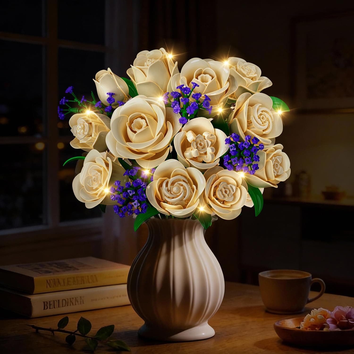 Flowers Bouquet Building Set With Lights,16 Champagne White Roses Botanical Building Blocks For Adults Girl,523PCS Artificial Flower Valentines Day Birthday Gift For Her Home Decor