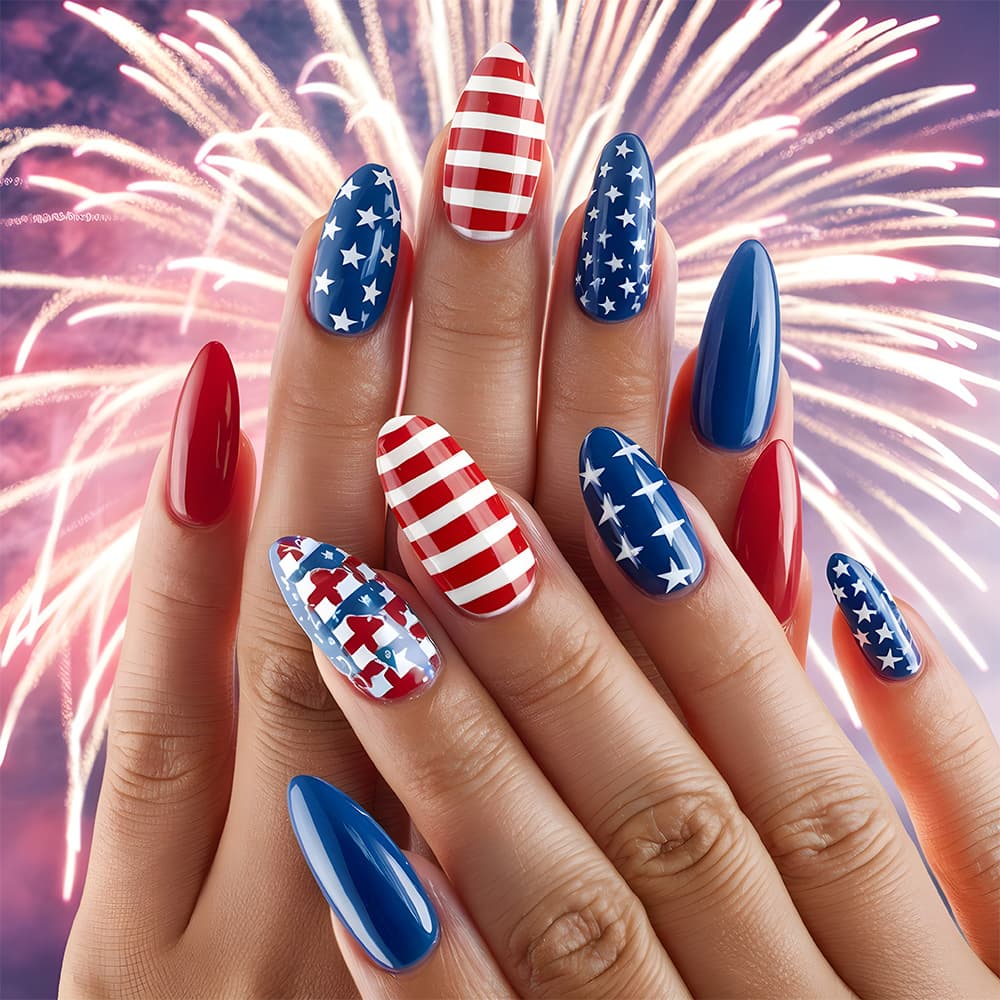 24 Pieces Of Short Almond-shaped Acrylic Nail Stickers, American Independence Day Striped Star Pattern Press-on Nails, Including 1 Piece Of Jelly Glue And 1 Nail, For Wearing Nail Accessories.