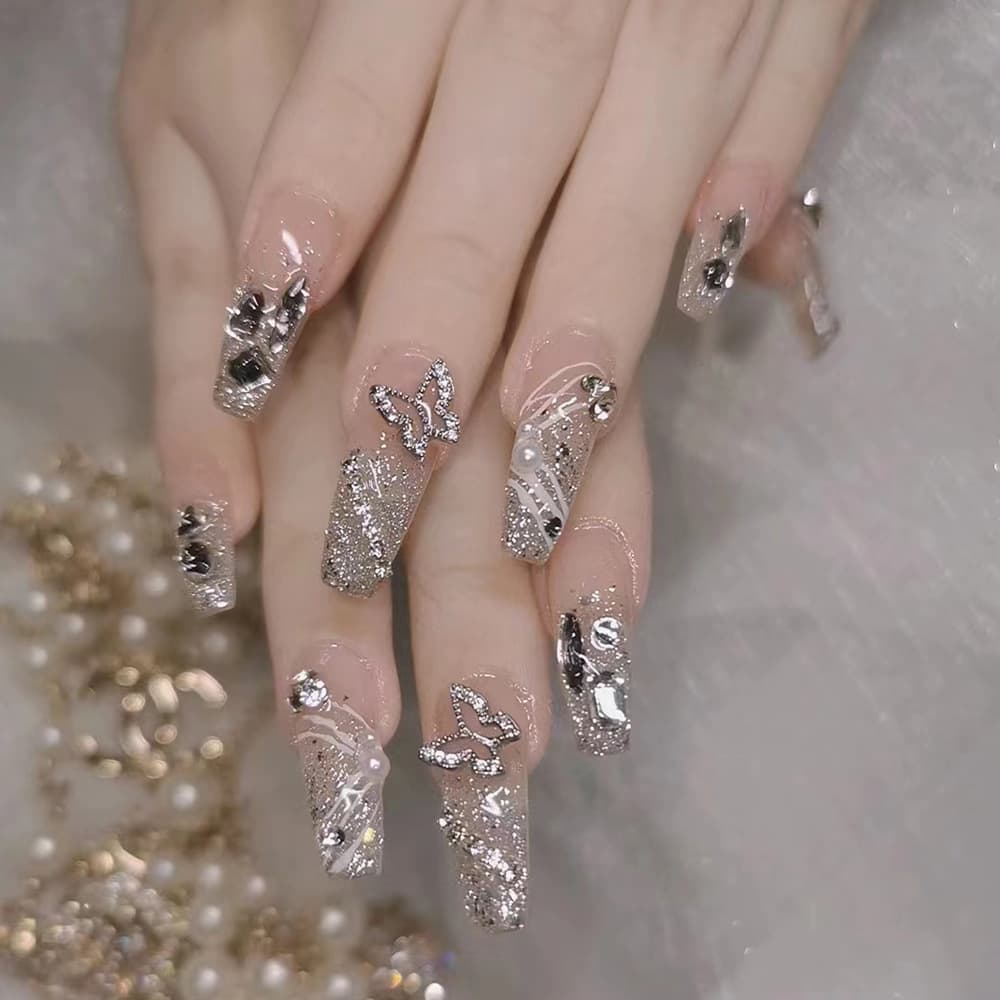 24 Pieces Of Long-style Coffin-shaped Glitter Powder French Press-style 3D Butterfly Inlaid With Rhinestones Nail Art Stickers, Including 1 Piece Of Jelly Glue And 1 Nail File.