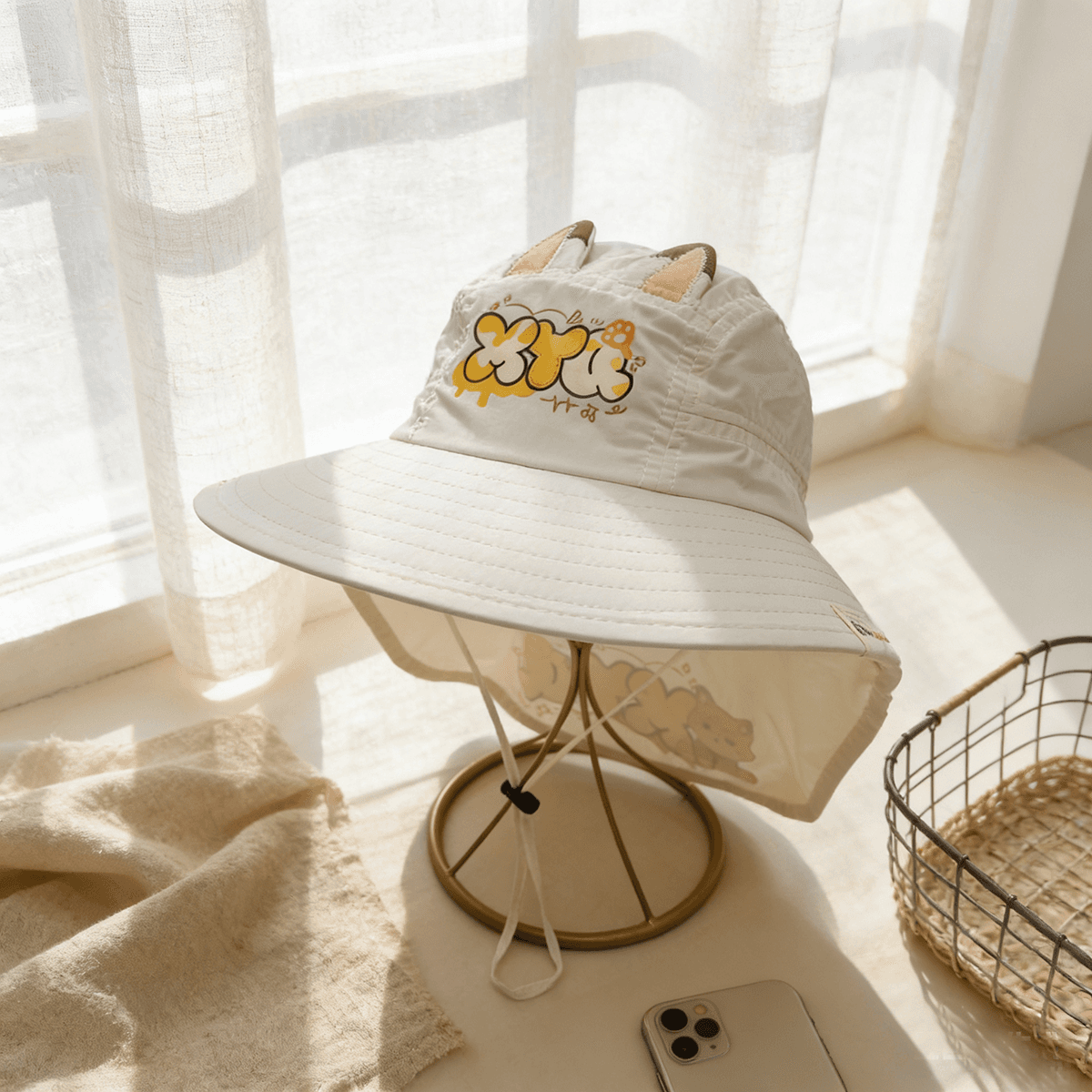 Children's Single-color Fox-shaped Cartoon Letter Fox Print Shawl Cute Casual Fisherman Hat For Traveling And Shopping