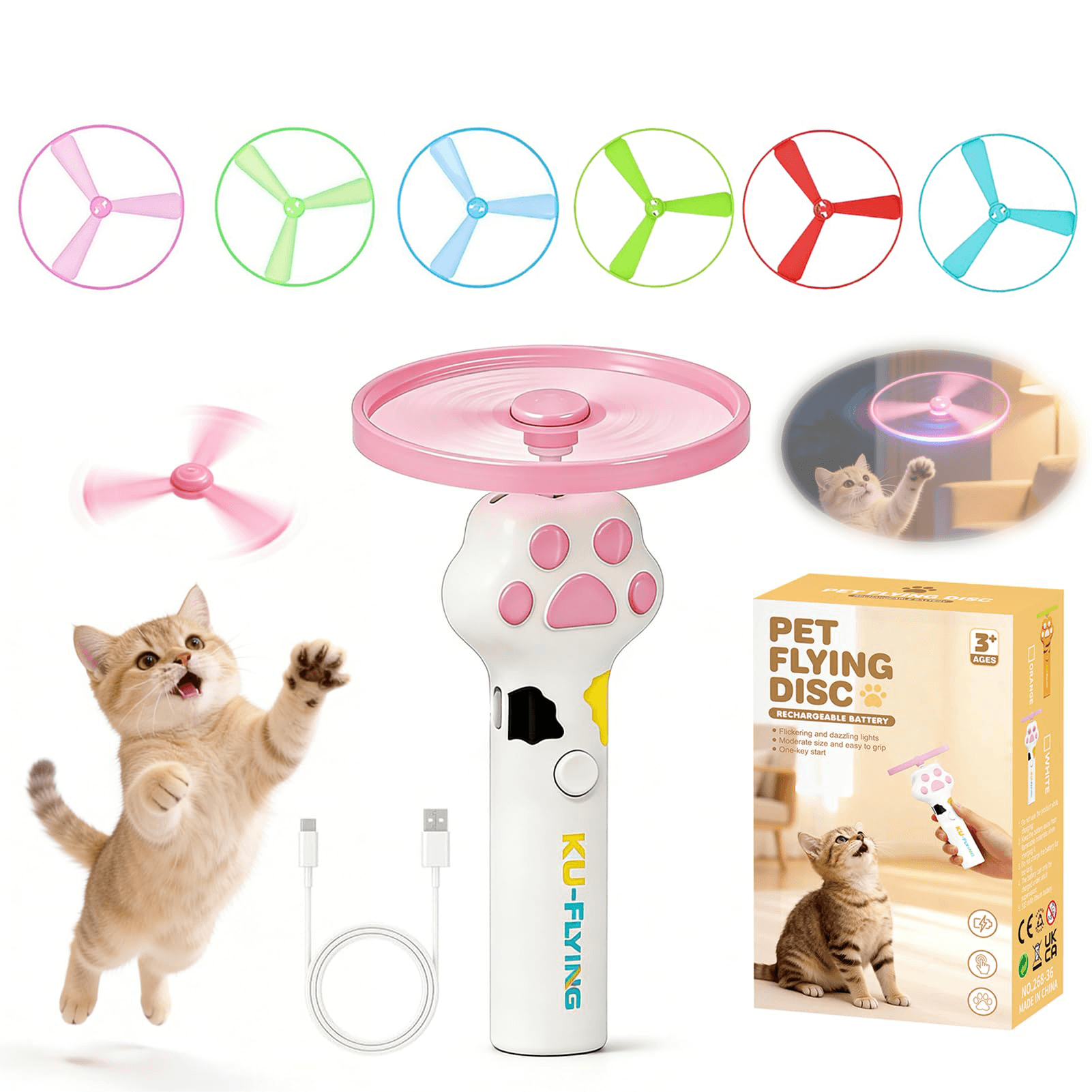Cat Fetch Toy Launcher,Flying Disc Launcher Toy Rechargeable With 6 Flying Discs,Flying Cat Toy Disc Launcher For Kitten Dog Playing Interactive Hunting Tracking Toys For Outdoor Indoor