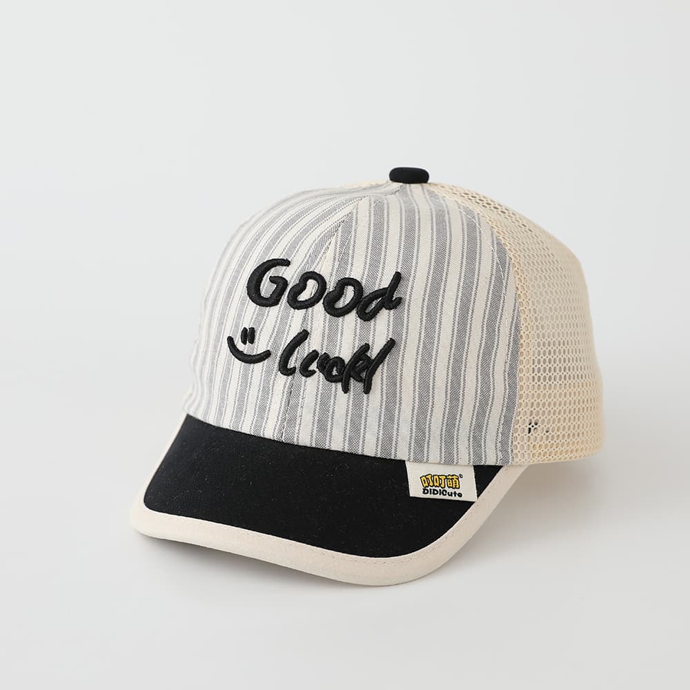 Summer Men's And Women's Striped Baseball Cap With Embroidered Letters Good Luck On The Body, Net-like Fabric, Fashionable And Casual Style