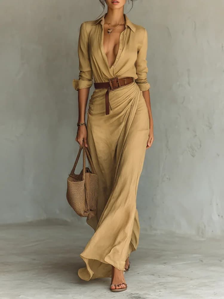 Elegant Shirt Maxi Dress With Belt - Turn Down Collar Long Sleeve Ruched Wrap Dress For Women