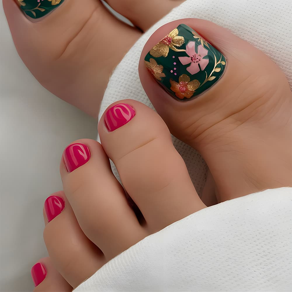 24 Pieces Of Short Square-shaped Gold-plated Floral Pressed-style Pink Nail Art Acrylic Stickers For Toes, Including 1 Piece Of Jelly Glue And 1 Nail File. Nail Supplies.