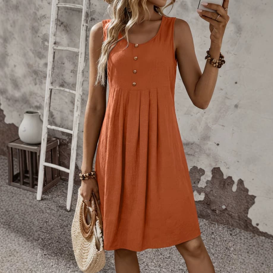 European And American-style Solid-color Round-neck Buttoned Sleeveless Loose-fitting A-line Dress