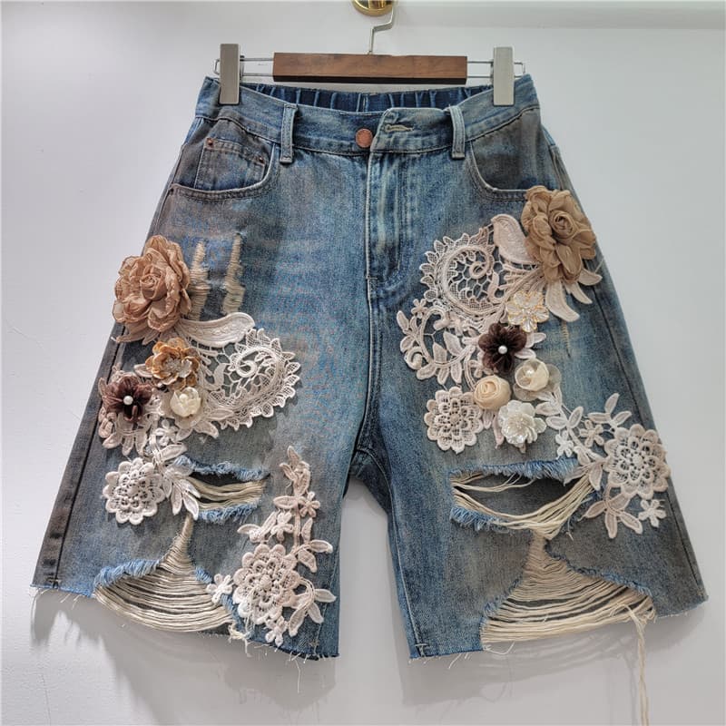 Lace-floral Patchwork, Brushed-texture Distressed Denim Shorts With Rhinestones And A Back Elastic Waist