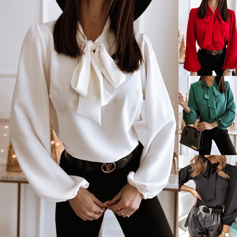 Bowknot Long Sleeve Shirt Collared Women's Solid Color Professional Business Blouse For Work Office Wear
