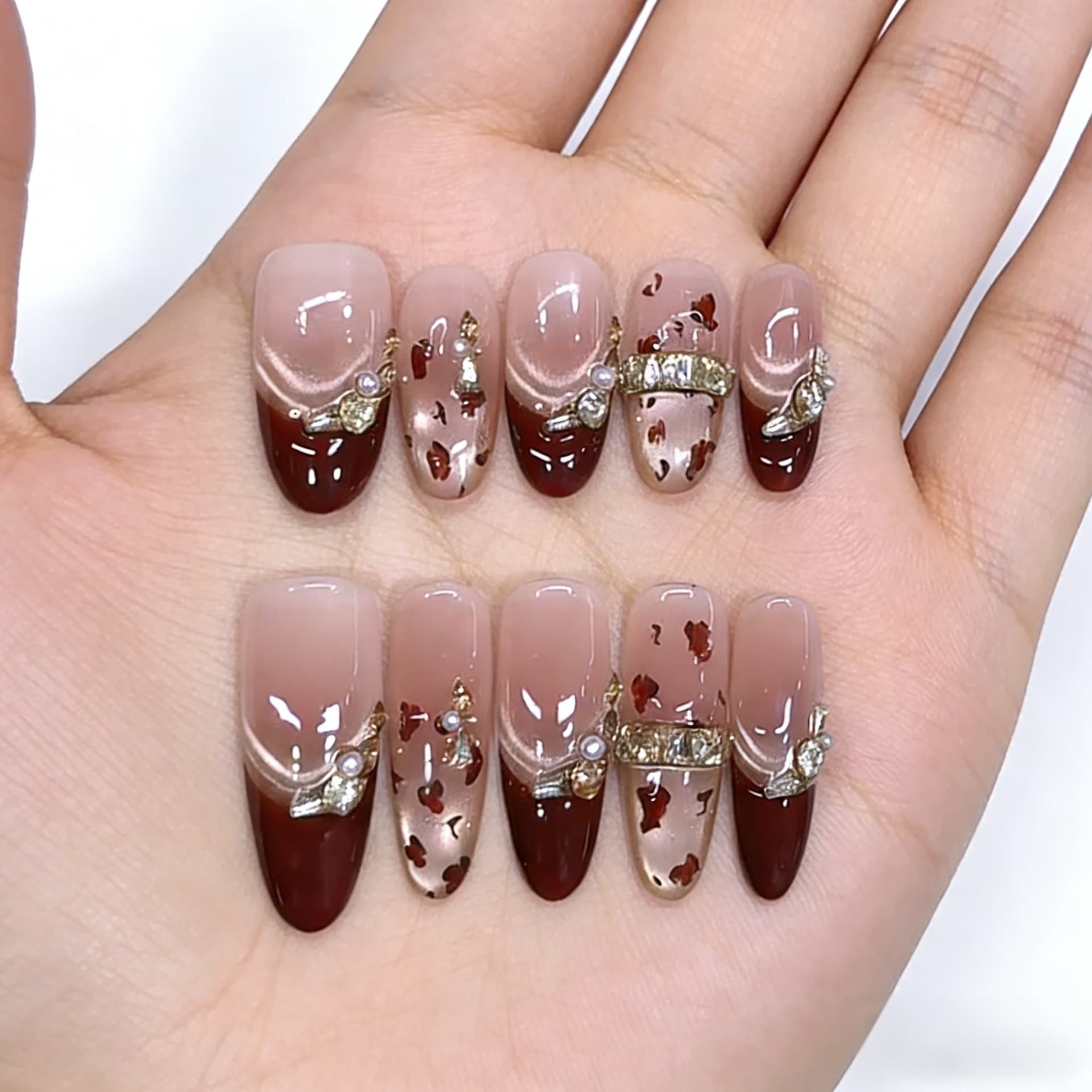 Handmade Wearable Nails New Year Style Coffee Leopard Print Cat Eye Style Ultra-Girly