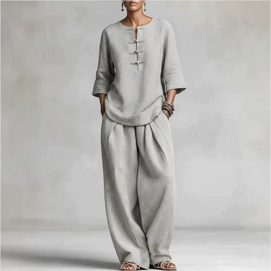 Womens Retro Frog-button Three-quarter-sleeve Top And Relaxed Wide-leg Pants Casual Set