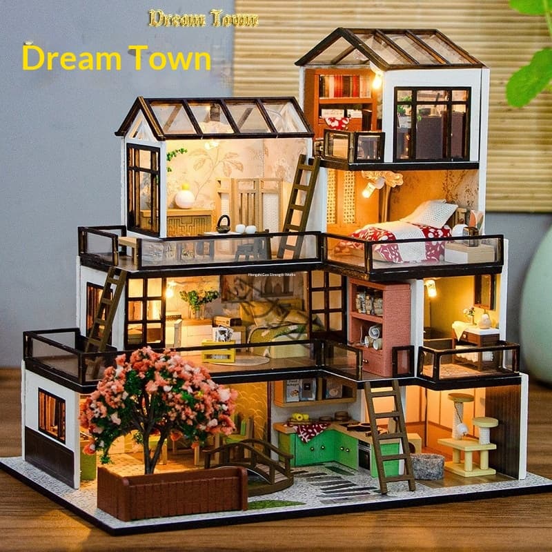 Dream Town Attic Mini House Villa Model Wooden Assembly Toy
