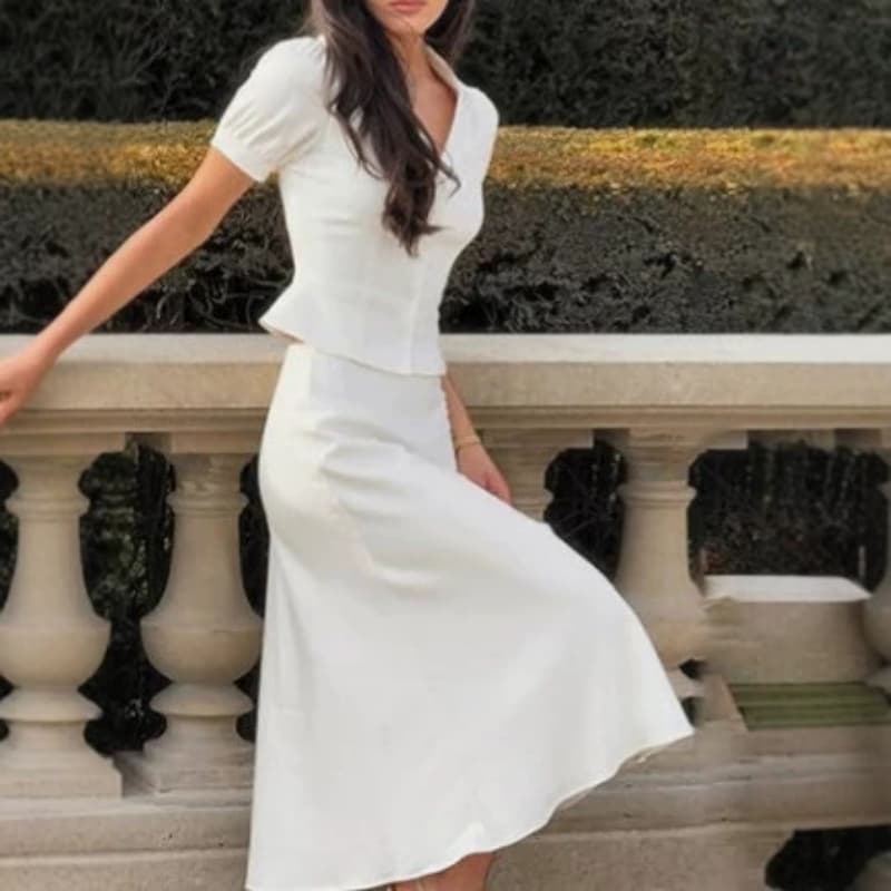 Summer New Arrival Elegant Lapel Single-Breasted Short-Sleeve Top And Sheath Skirt Two-Piece Set