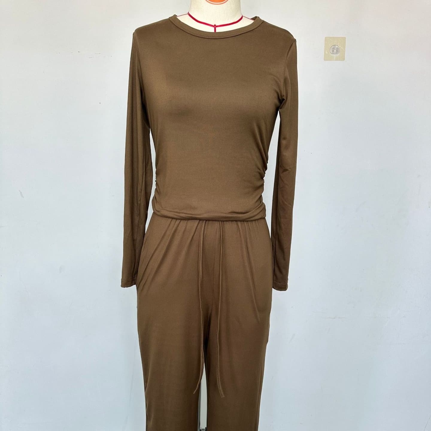 Solid-color Casual Long-sleeve Top And High-waist Wide-leg Pants Womens Sportswear Set